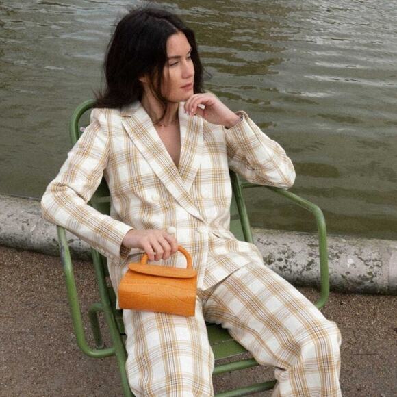 Sezane Christie Jacket Carreau Tile Plaid In Beige Ochre Bordeaux 38 US Size 6 - Picture 3 of 15